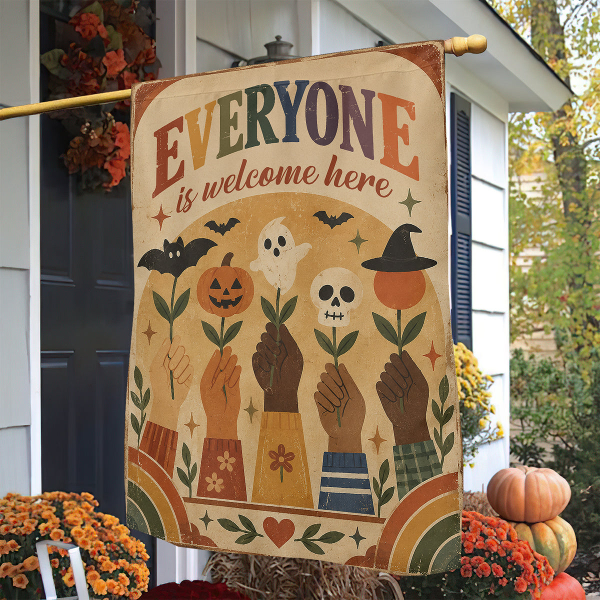 Diversity Halloween Garden & House Flag, Everyone Is Welcome Here Yard Flag, Spooky Season Vintage Gift For Inclusive Community