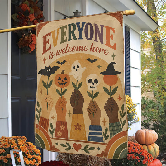 Diversity Halloween Garden & House Flag, Everyone Is Welcome Here Yard Flag, Spooky Season Vintage Gift For Inclusive Community