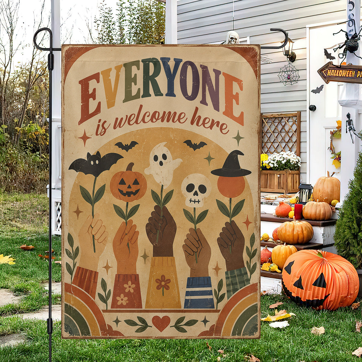 Diversity Halloween Garden & House Flag, Everyone Is Welcome Here Yard Flag, Spooky Season Vintage Gift For Inclusive Community