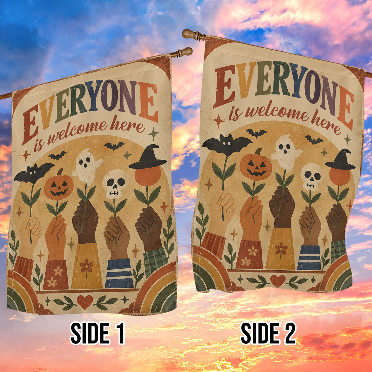 Diversity Halloween Garden & House Flag, Everyone Is Welcome Here Yard Flag, Spooky Season Vintage Gift For Inclusive Community