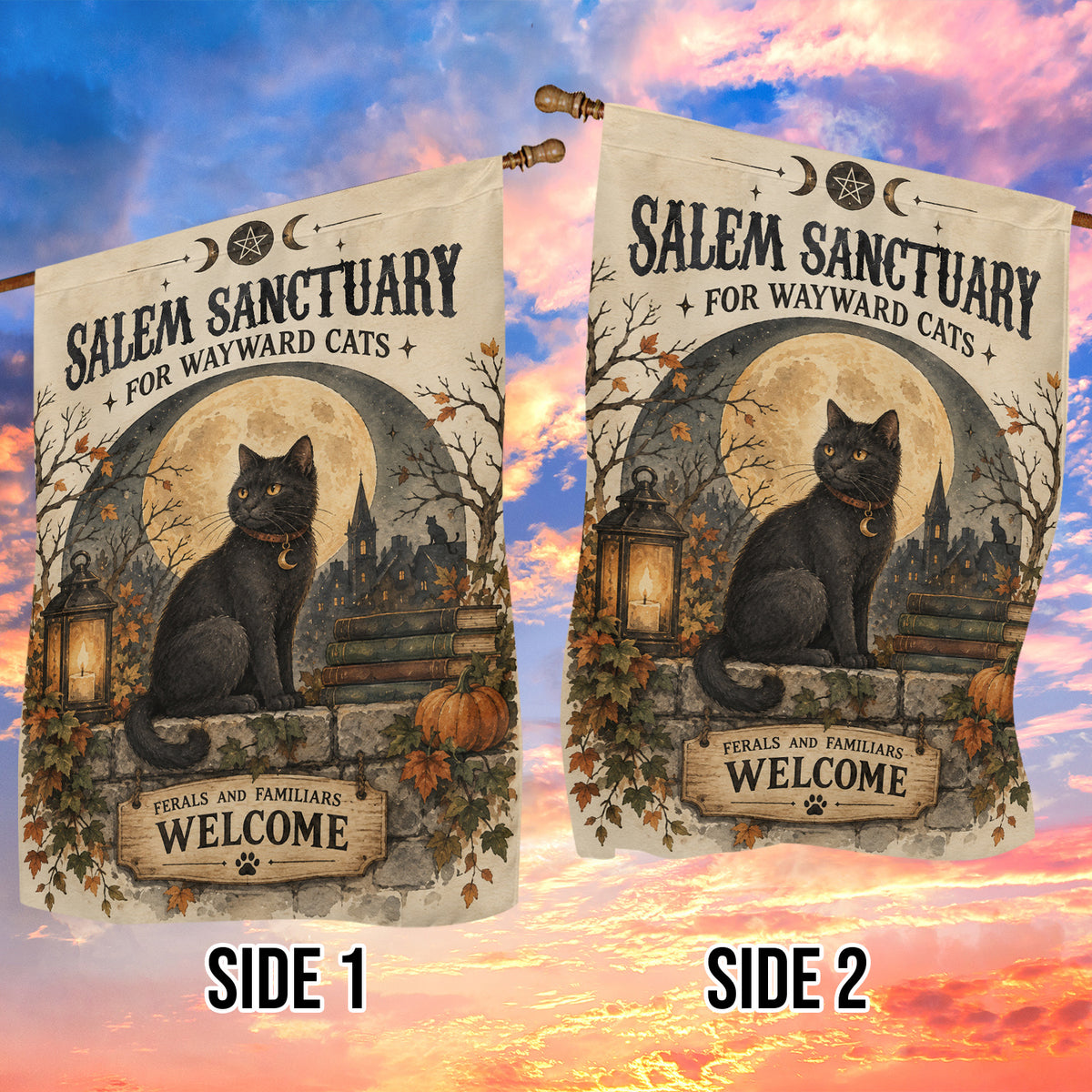 Halloween Cat Garden & House Flag, Salem Sanctuary For Wayward Cats Yard Flag, Spooky Season Gift For Cat Lover