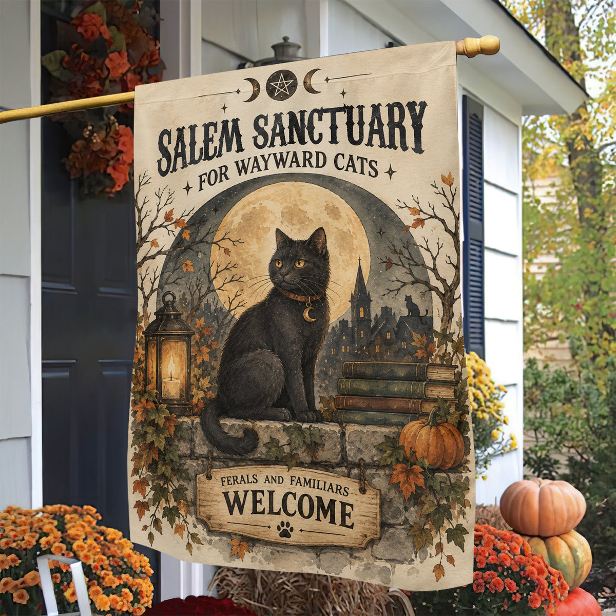 Halloween Cat Garden & House Flag, Salem Sanctuary For Wayward Cats Yard Flag, Spooky Season Gift For Cat Lover