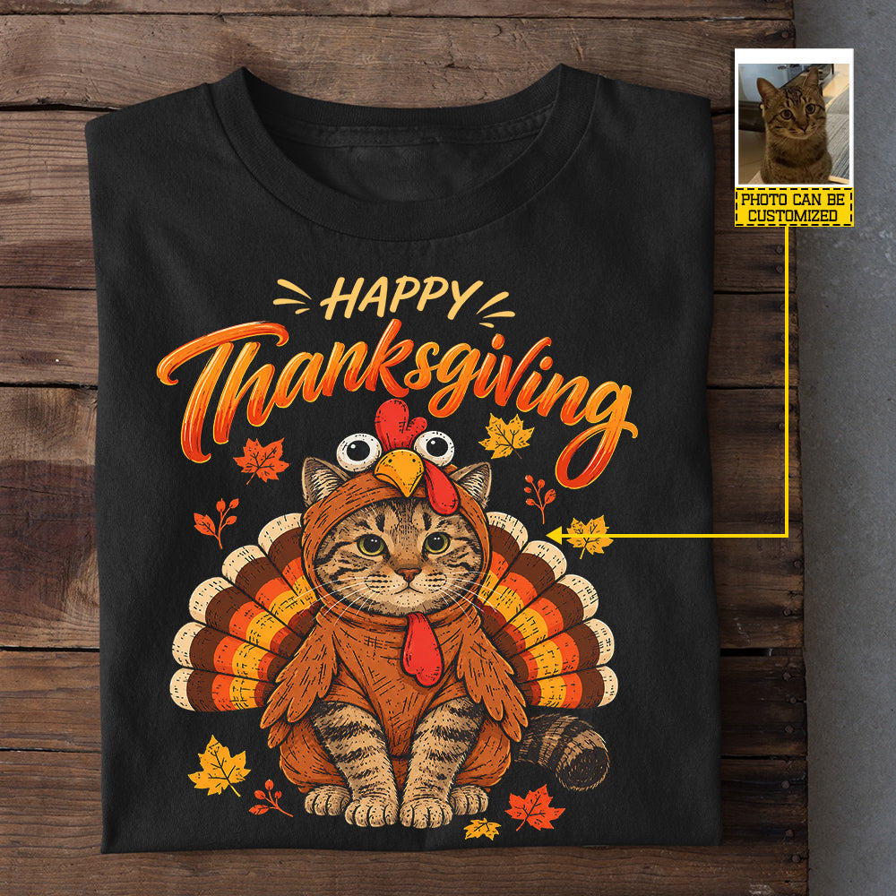 Personalized Happy Thanksgiving T-shirt, Cat Cosplay Turkey Tees Fall Season Autumn Gift For Cat Lover