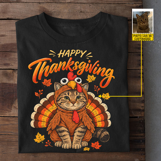 Personalized Happy Thanksgiving T-shirt, Cat Cosplay Turkey Tees Fall Season Autumn Gift For Cat Lover