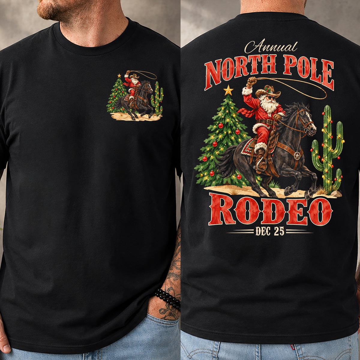 Funny Christmas Cowboy Rodeo Two-sided T-shirt, Annual North Pole Rodeo Tees, Xmas Gift For Cowboys, Rodeo Lover