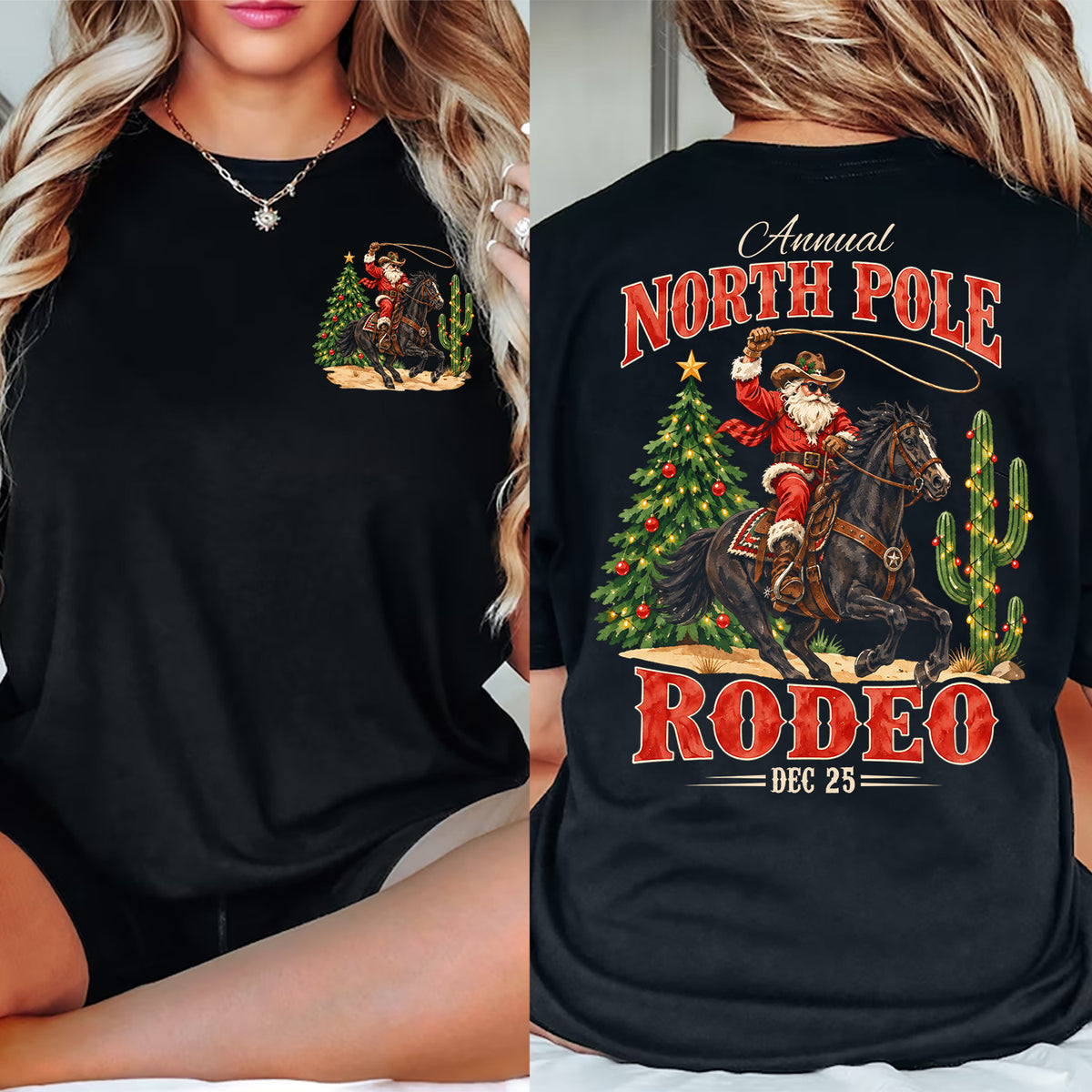 Funny Christmas Cowboy Rodeo Two-sided T-shirt, Annual North Pole Rodeo Tees, Xmas Gift For Cowboys, Rodeo Lover
