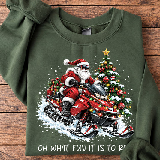 Funny Christmas Snowmobile Santa Sweatshirt, Oh What Fun It Is To Ride Crewneck Sweatshirt Xmas Gift For Snowmobiling Lover
