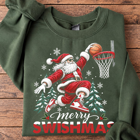 Funny Christmas Basketball Sweatshirt, Merry Swishmas Sport Crewneck Sweatshirt Xmas Gift For Basketball Lover