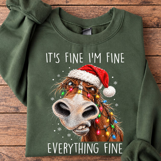 Funny Christmas Horse Sweatshirt, It's Fine I'm Fine Everything Fine Crewneck Sweatshirt Xmas Gift For Horse Lover