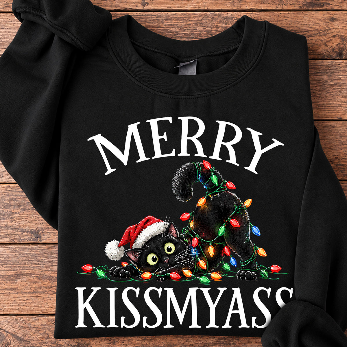 Funny Christmas Cat Sweatshirt, Mery Kissmyass Crewneck Sweatshirt Xmas Gift For Cat Lover