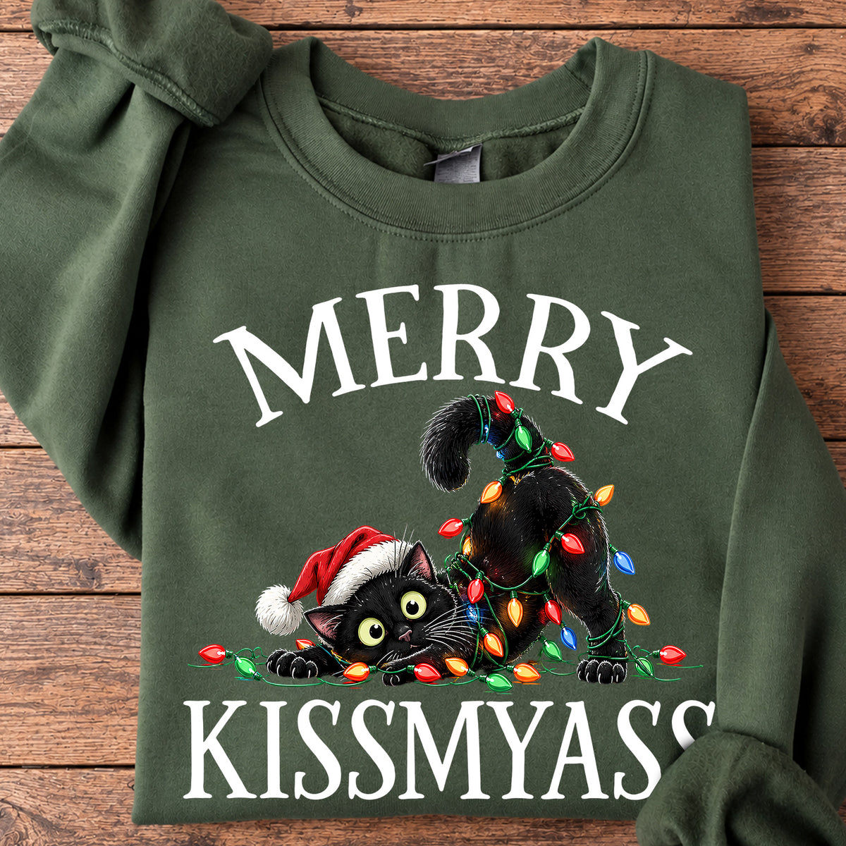Funny Christmas Cat Sweatshirt, Mery Kissmyass Crewneck Sweatshirt Xmas Gift For Cat Lover