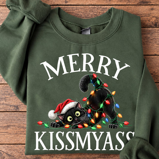 Funny Christmas Cat Sweatshirt, Mery Kissmyass Crewneck Sweatshirt Xmas Gift For Cat Lover