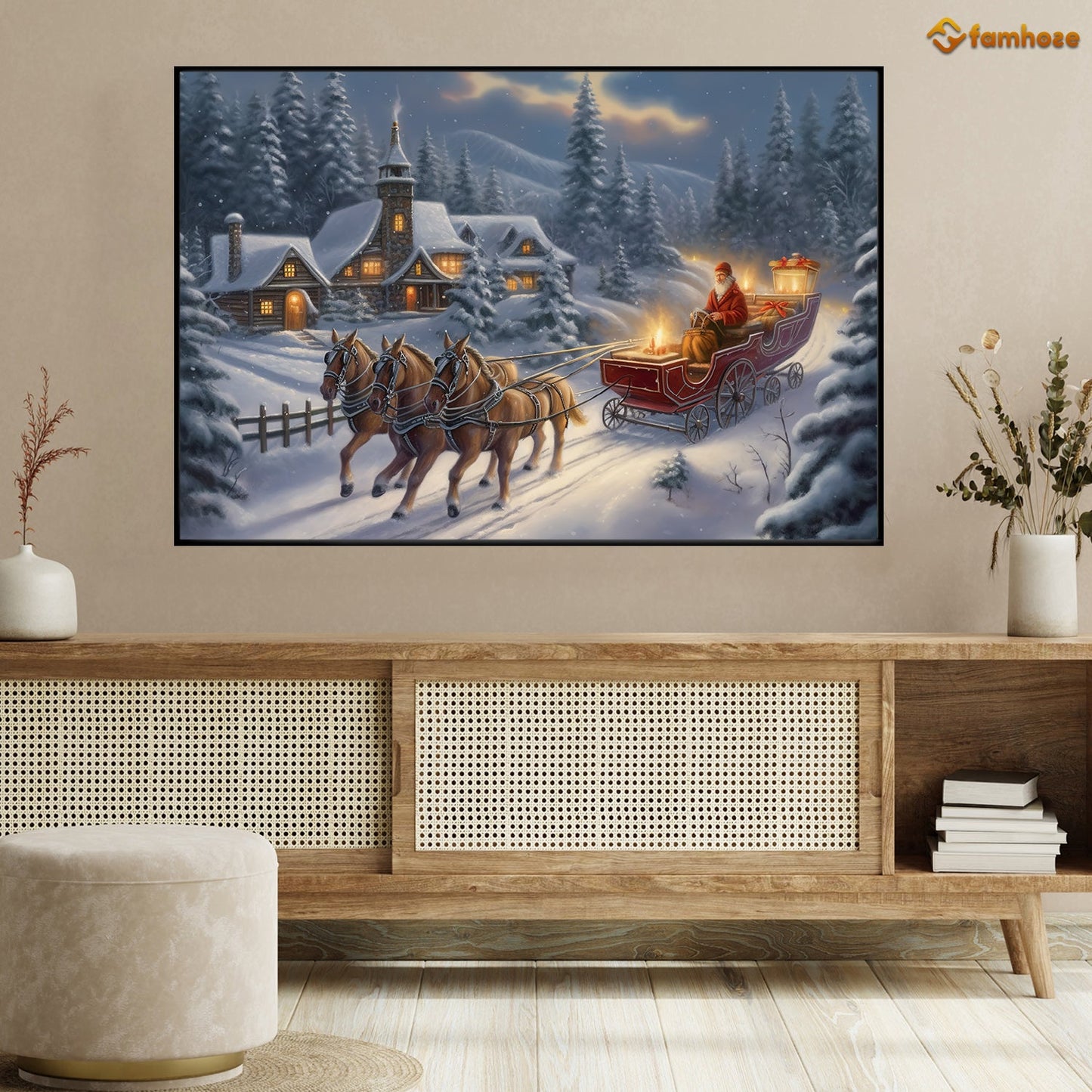 A Cozy Village Retreat Welcoming the Arrival of a Festive Sleigh Ride Christmas Canvas Painting, Xmas Wall Art Decor - Christmas Poster Gift