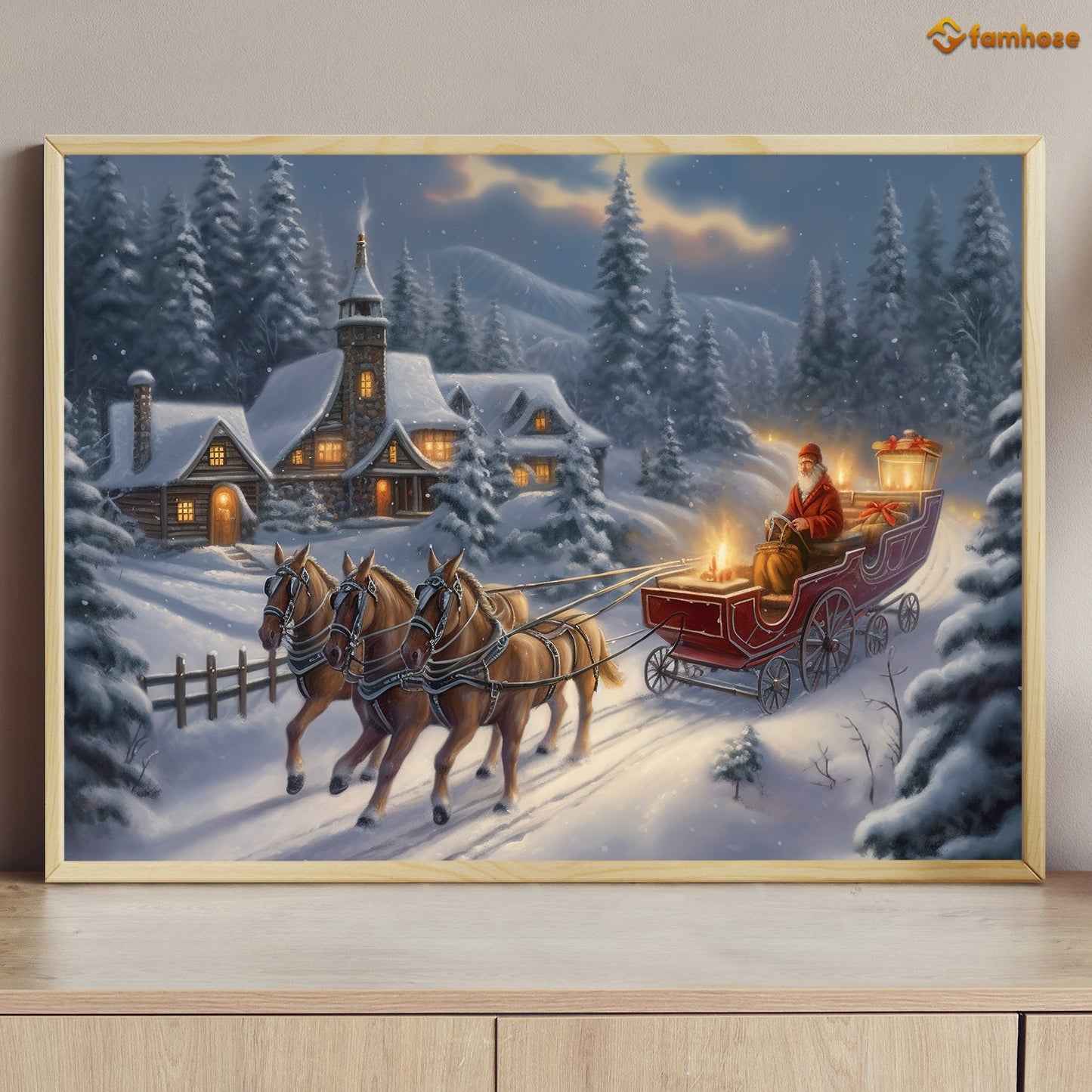 A Cozy Village Retreat Welcoming the Arrival of a Festive Sleigh Ride Christmas Canvas Painting, Xmas Wall Art Decor - Christmas Poster Gift