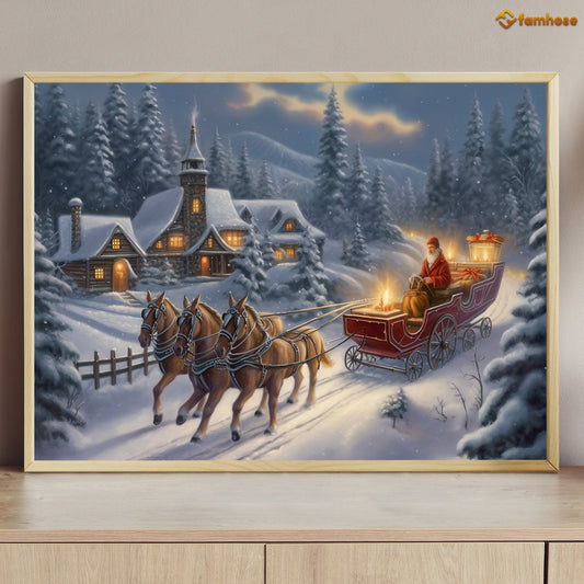 A Cozy Village Retreat Welcoming the Arrival of a Festive Sleigh Ride Christmas Canvas Painting, Xmas Wall Art Decor - Christmas Poster Gift
