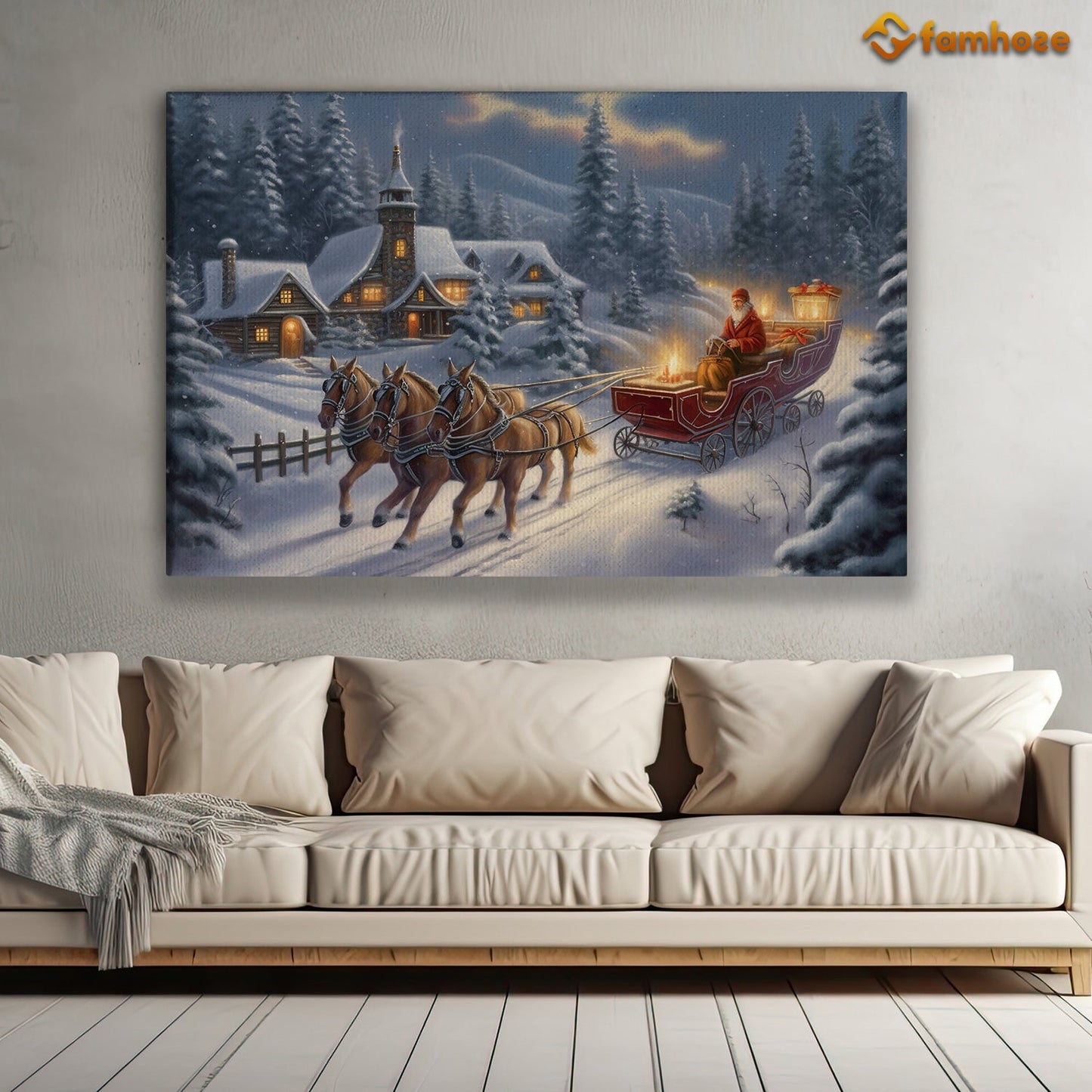 A Cozy Village Retreat Welcoming the Arrival of a Festive Sleigh Ride Christmas Canvas Painting, Xmas Wall Art Decor - Christmas Poster Gift