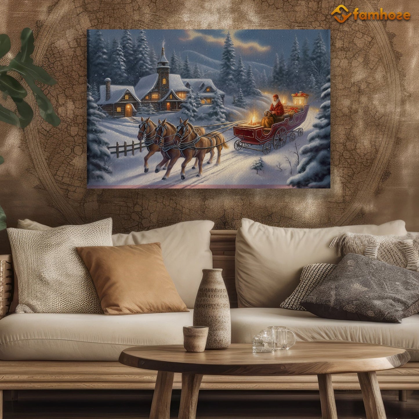 A Cozy Village Retreat Welcoming the Arrival of a Festive Sleigh Ride Christmas Canvas Painting, Xmas Wall Art Decor - Christmas Poster Gift