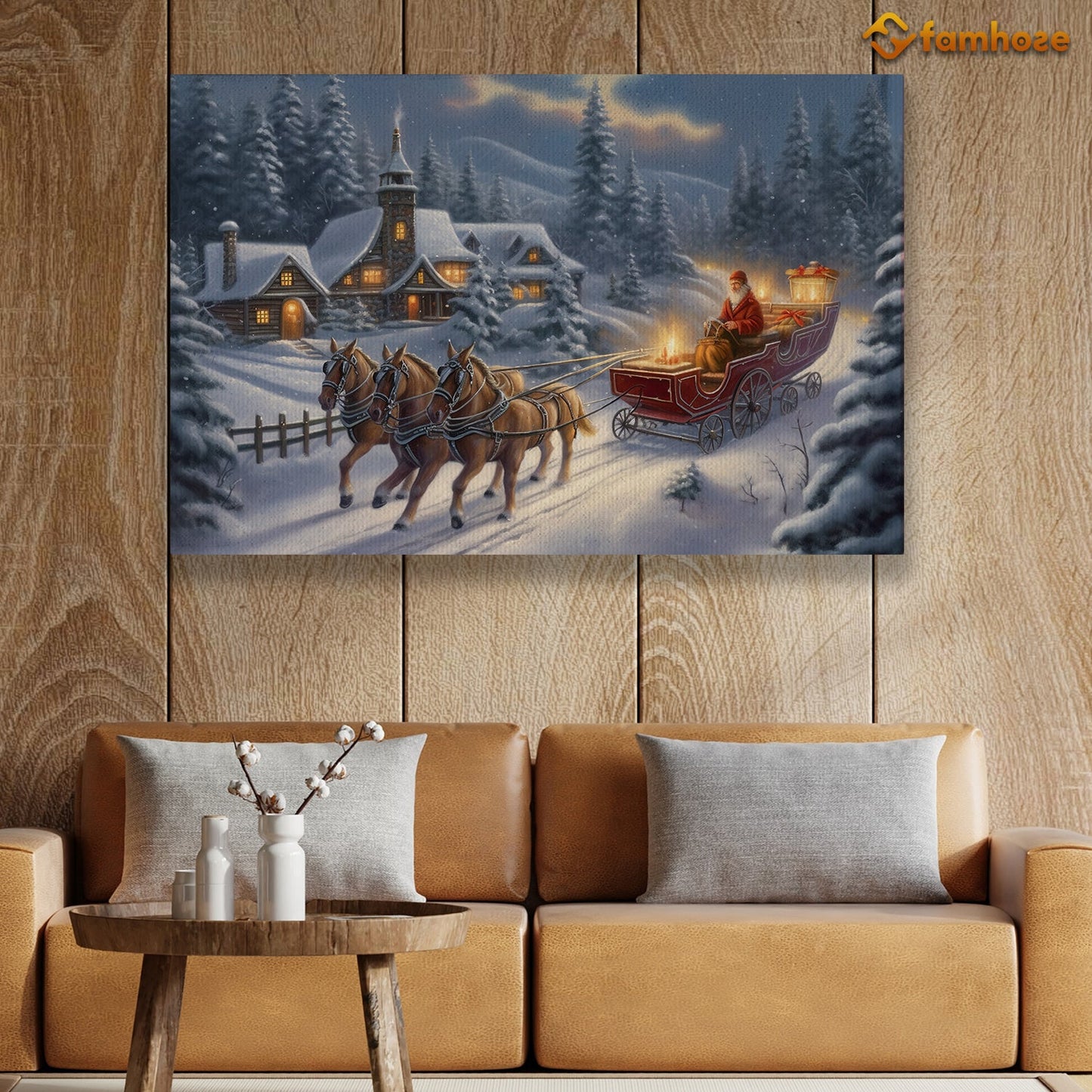 A Cozy Village Retreat Welcoming the Arrival of a Festive Sleigh Ride Christmas Canvas Painting, Xmas Wall Art Decor - Christmas Poster Gift