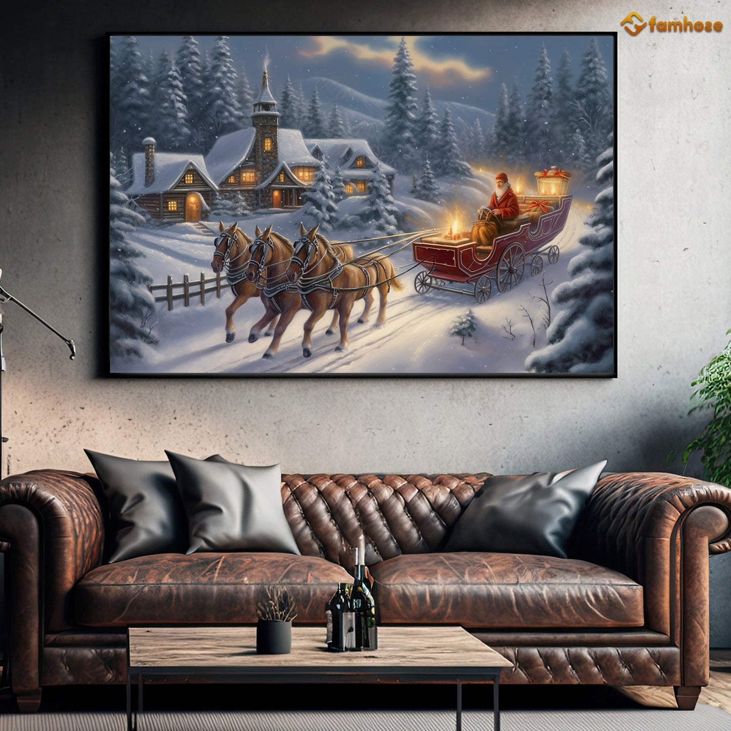 A Cozy Village Retreat Welcoming the Arrival of a Festive Sleigh Ride Christmas Canvas Painting, Xmas Wall Art Decor - Christmas Poster Gift