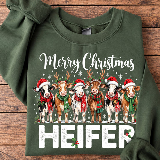 Funny Merry Christmas Heifer Sweatshirt, Mooey Christmas Crewneck Sweatshirt Xmas Gift For Cow Lover