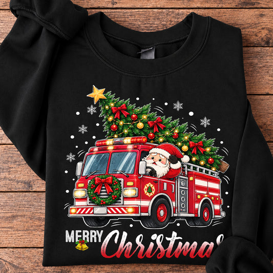 Funny Merry Christmas Santa Firefighter Sweatshirt, Santa's Holiday Rescue Fire Truck Crewneck Sweatshirt Xmas Gift For Firefighters