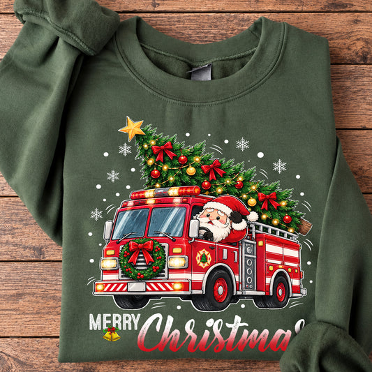 Funny Merry Christmas Santa Firefighter Sweatshirt, Santa's Holiday Rescue Fire Truck Crewneck Sweatshirt Xmas Gift For Firefighters