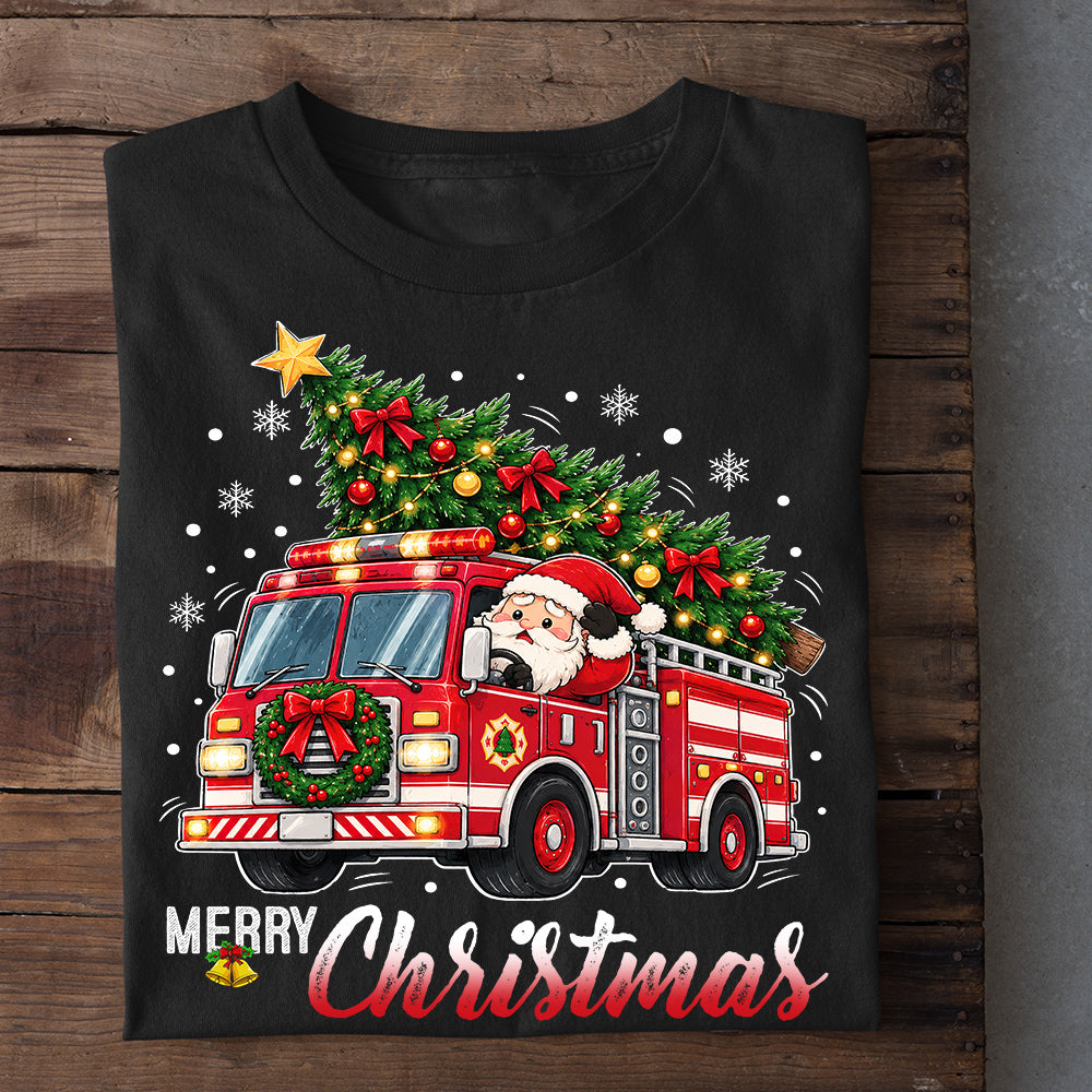 Funny Merry Christmas Santa Firefighter Sweatshirt, Santa's Holiday Rescue Fire Truck Crewneck Sweatshirt Xmas Gift For Firefighters