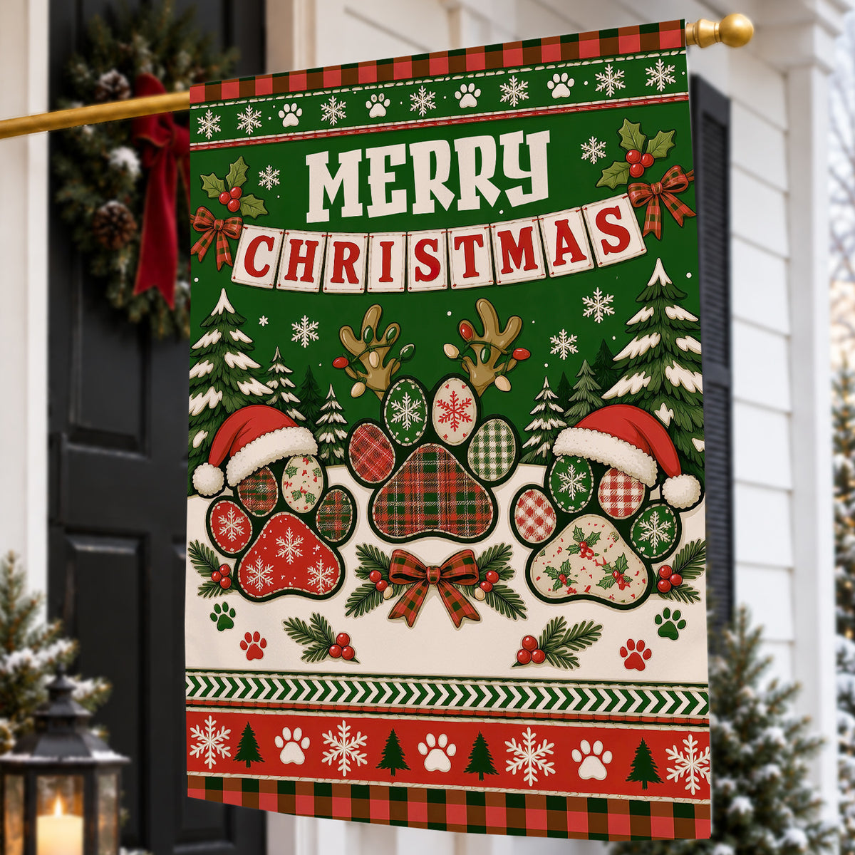 Vintage Merry Christmas Dog Paws Garden & House Flag, Have A Pawsome Christmas Yard Flag, Xmas Gift For Dog Lover