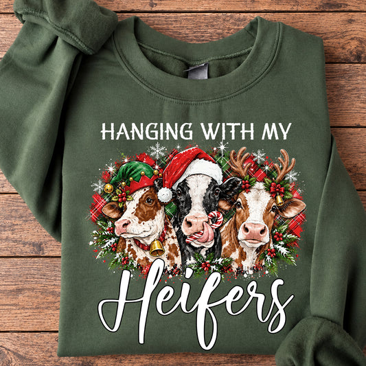 Funny Christmas Heifer Sweatshirt, Hanging With My Heifers Crewneck Sweatshirt Xmas Gift For Cow Lover