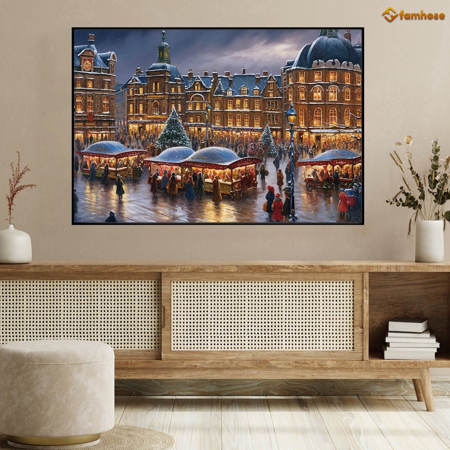 Enchanted Eve in the City Square Festive Lights and Merriment Embrace the Winter Chill Christmas Canvas Painting, Xmas Wall Art Decor - Christmas Poster Gift