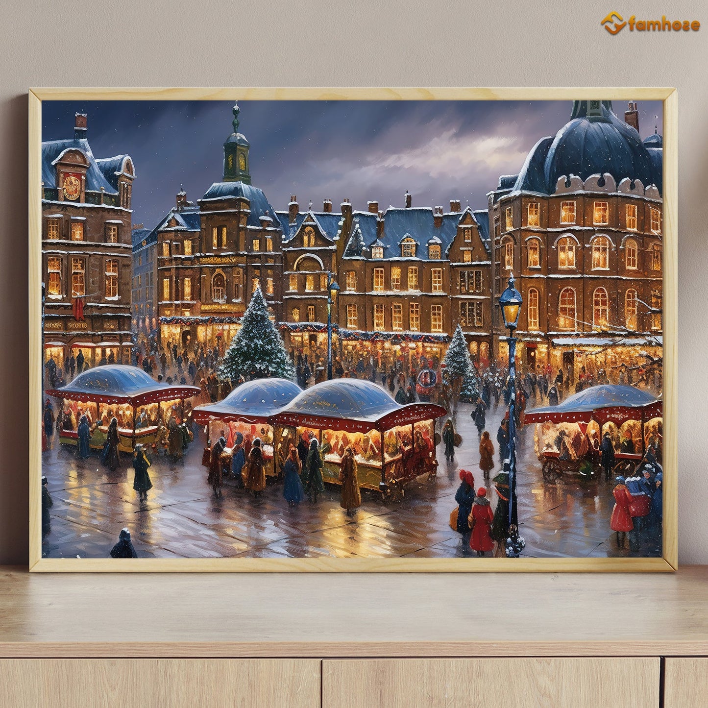 Enchanted Eve in the City Square Festive Lights and Merriment Embrace the Winter Chill Christmas Canvas Painting, Xmas Wall Art Decor - Christmas Poster Gift