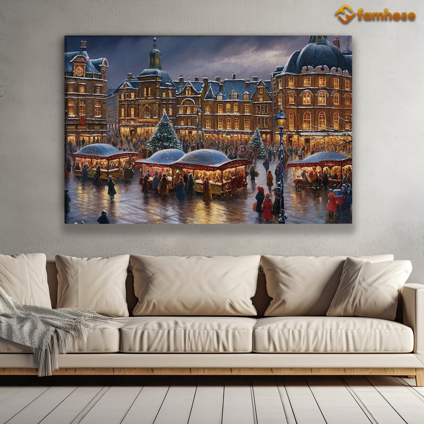 Enchanted Eve in the City Square Festive Lights and Merriment Embrace the Winter Chill Christmas Canvas Painting, Xmas Wall Art Decor - Christmas Poster Gift