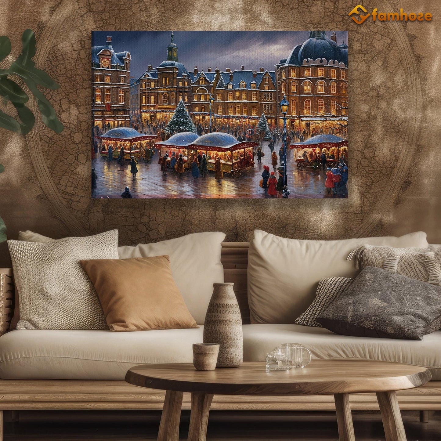 Enchanted Eve in the City Square Festive Lights and Merriment Embrace the Winter Chill Christmas Canvas Painting, Xmas Wall Art Decor - Christmas Poster Gift