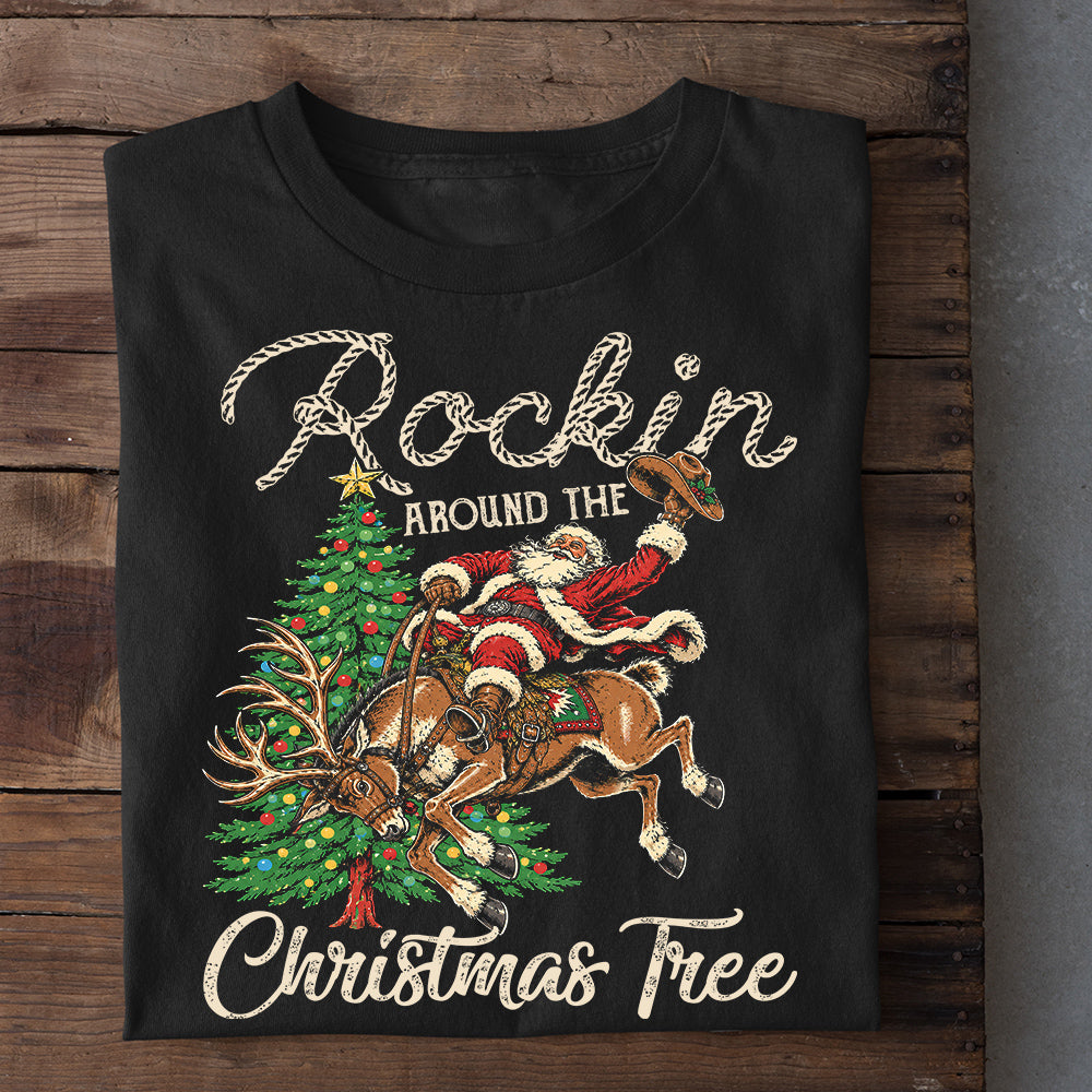 Funny Christmas Cowboy Rodeo Sweatshirt, Rockin Around The Christmas Tree Crewneck Sweatshirt Xmas Gift For Cowboys, Rodeo Lover