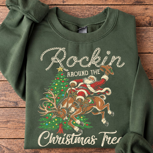 Funny Christmas Cowboy Rodeo Sweatshirt, Rockin Around The Christmas Tree Crewneck Sweatshirt Xmas Gift For Cowboys, Rodeo Lover