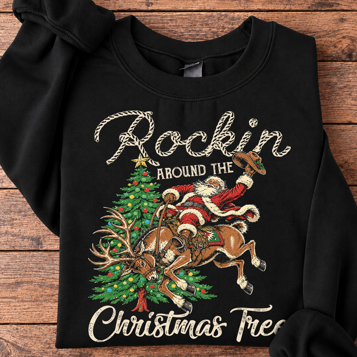 Funny Christmas Cowboy Rodeo Sweatshirt, Rockin Around The Christmas Tree Crewneck Sweatshirt Xmas Gift For Cowboys, Rodeo Lover
