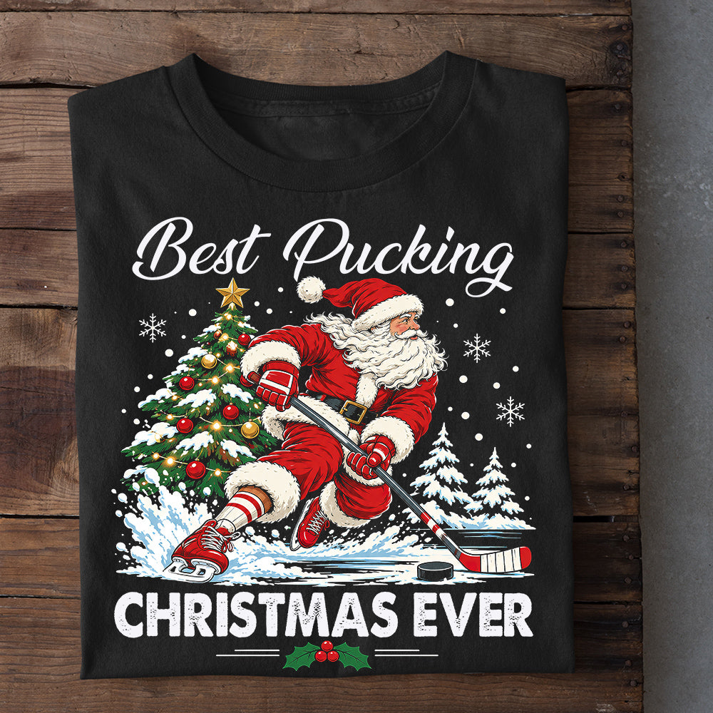 Funny Christmas Hockey Sweatshirt, Best Pucking Christmas Ever Sport Crewneck Sweatshirt Xmas Gift For Hockey Lover