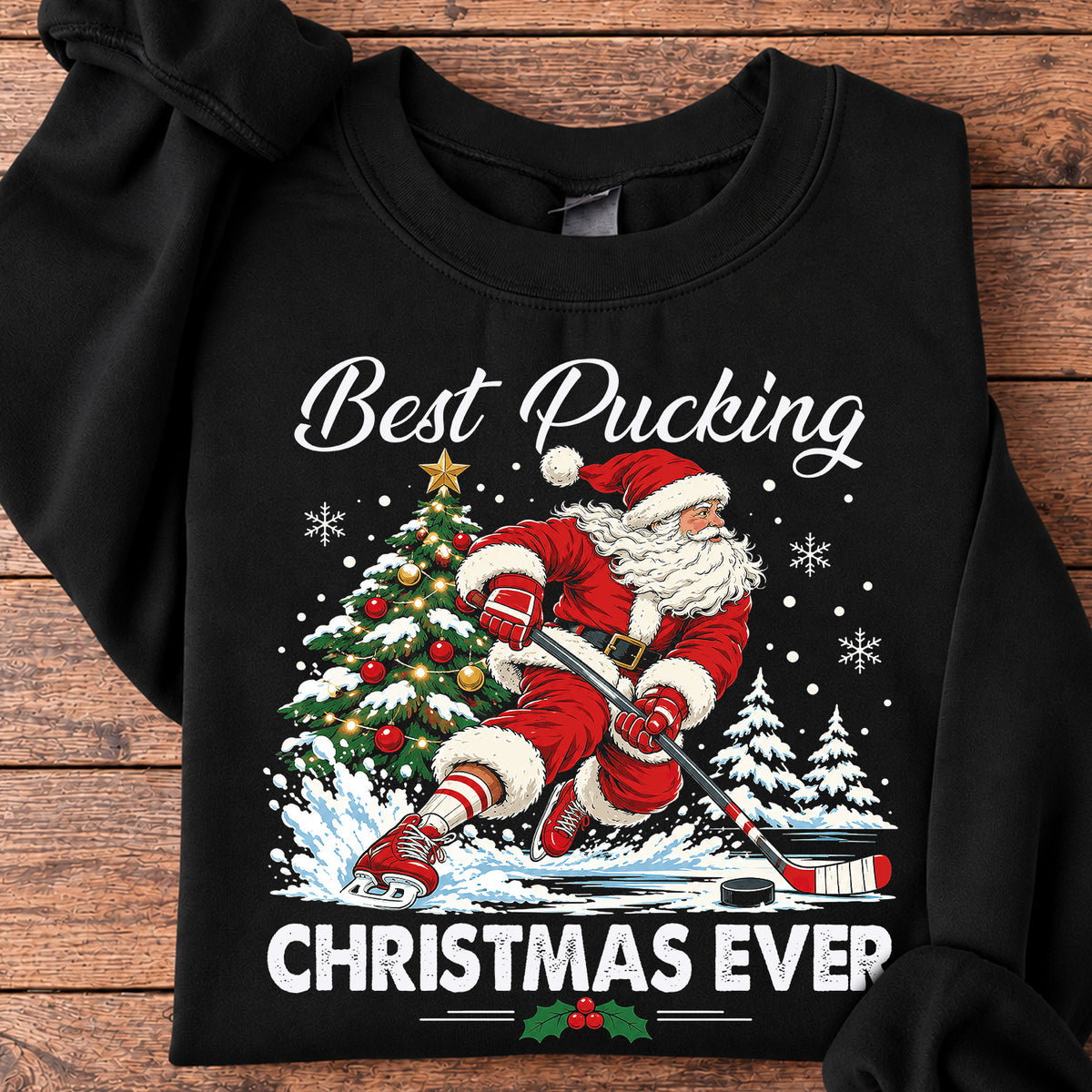Funny Christmas Hockey Sweatshirt, Best Pucking Christmas Ever Sport Crewneck Sweatshirt Xmas Gift For Hockey Lover