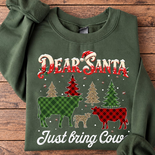Pattern Style Christmas Cow Sweatshirt, Dear Santa Just Bring Cows Crewneck Sweatshirt Xmas Gift For Cow Lover