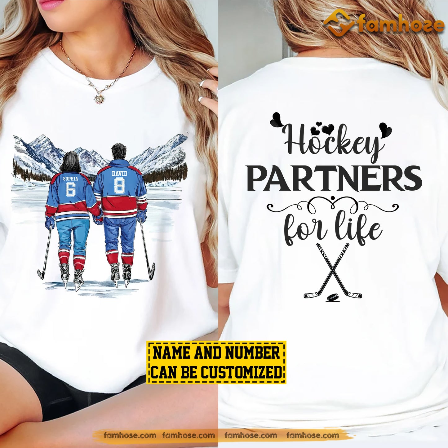 Personalized Couple Hockey Two-sided T-shirt, Hockey Partners For Life, Couple Valentine's Day Gift For Hockey Lovers