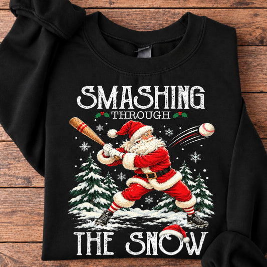 Christmas Baseball Santa Sweatshirt, Smashing Through The Snow Sport Crewneck Sweatshirt Xmas Gift For Baseball Lover