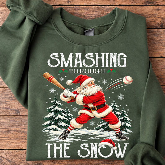 Christmas Baseball Santa Sweatshirt, Smashing Through The Snow Sport Crewneck Sweatshirt Xmas Gift For Baseball Lover