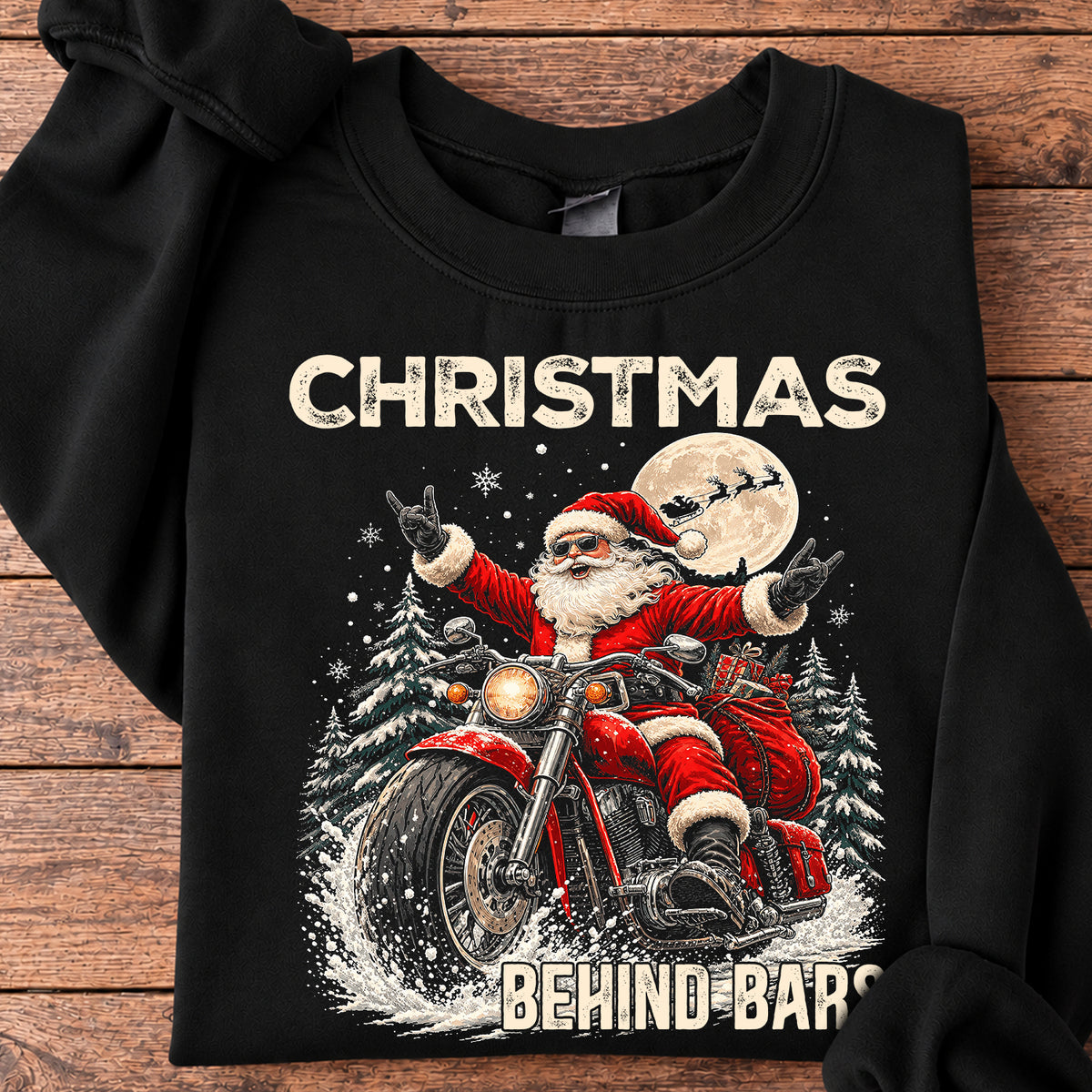 Funny Christmas Motorcycle Sweatshirt, Christmas Behind Bars Crewneck Sweatshirt Xmas Gift For Bikers