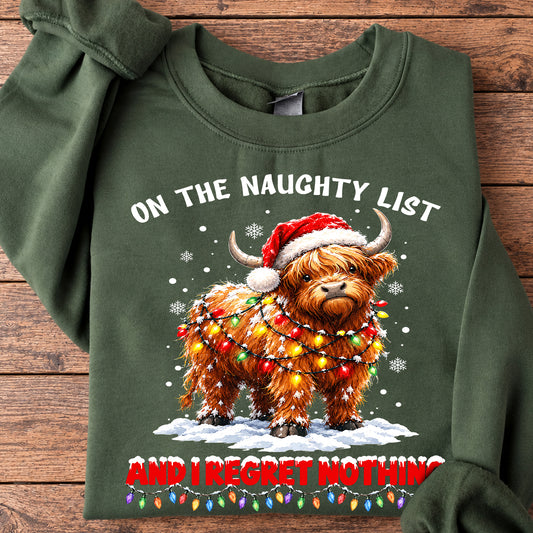 Funny Christmas Highland Cow Sweatshirt, On The Naughty List Crewneck Sweatshirt Xmas Gift For Highland Cow Lover