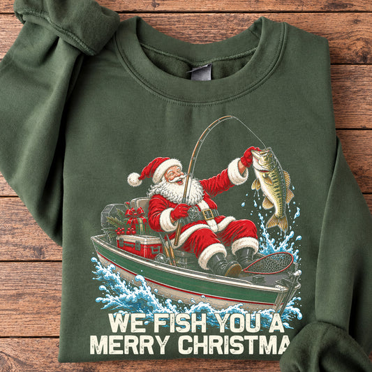 Funny Christmas Fishing Santa Sweatshirt, We Fish You A Merry Christmas Crewneck Sweatshirt Xmas Gift For Fishing Lover
