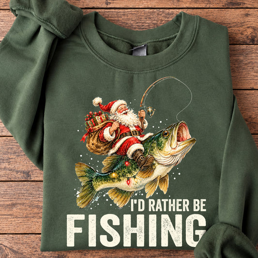 Funny Christmas Fishing Santa Sweatshirt, I'd Rather Be Fishing Crewneck Sweatshirt Xmas Gift For Fishing Lover