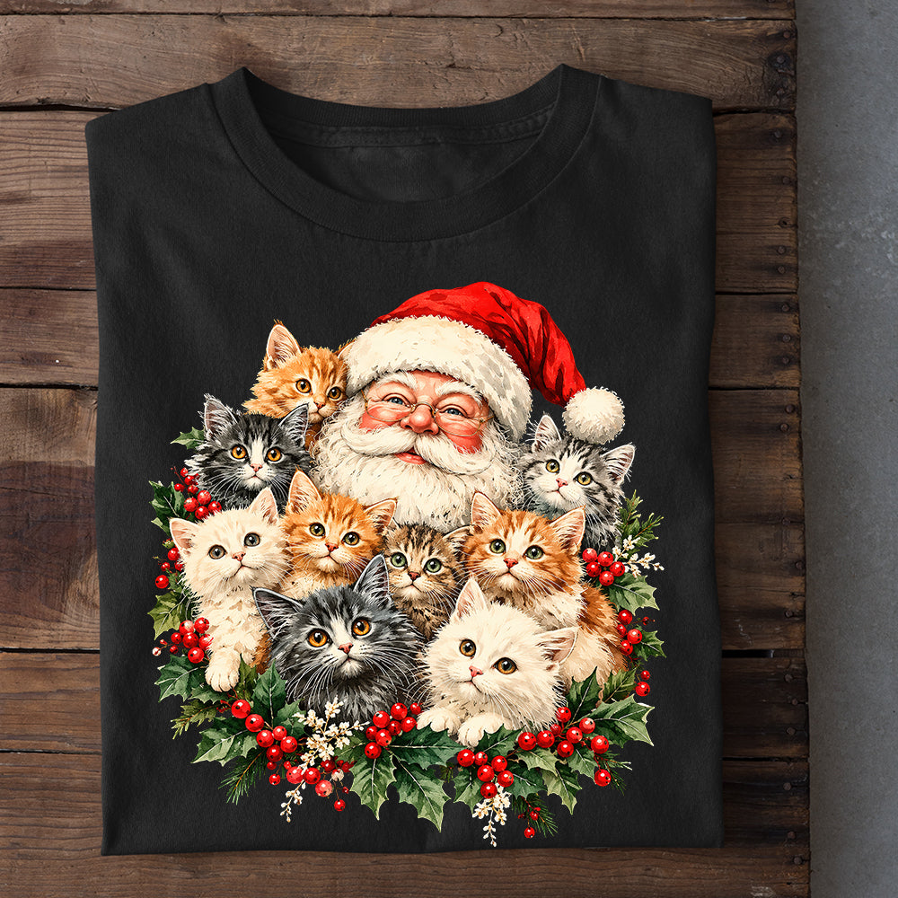 Christmas Cat Sweatshirt, Cute Santa Claus With Kittens Crewneck Sweatshirt Xmas Gift For Cat Lover