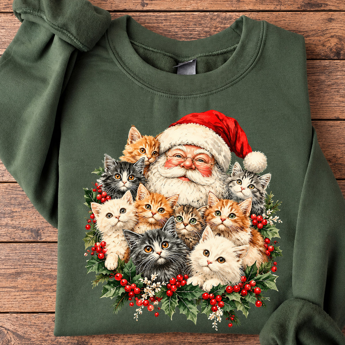 Christmas Cat Sweatshirt, Cute Santa Claus With Kittens Crewneck Sweatshirt Xmas Gift For Cat Lover
