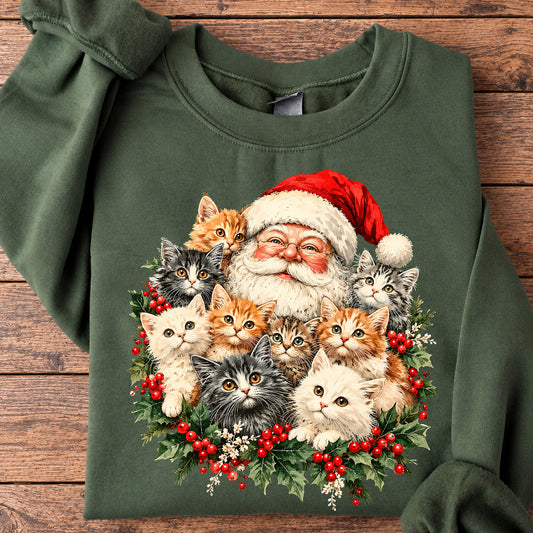 Christmas Cat Sweatshirt, Cute Santa Claus With Kittens Crewneck Sweatshirt Xmas Gift For Cat Lover