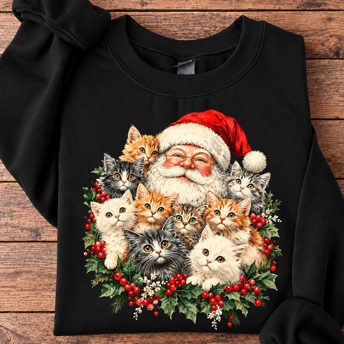 Christmas Cat Sweatshirt, Cute Santa Claus With Kittens Crewneck Sweatshirt Xmas Gift For Cat Lover